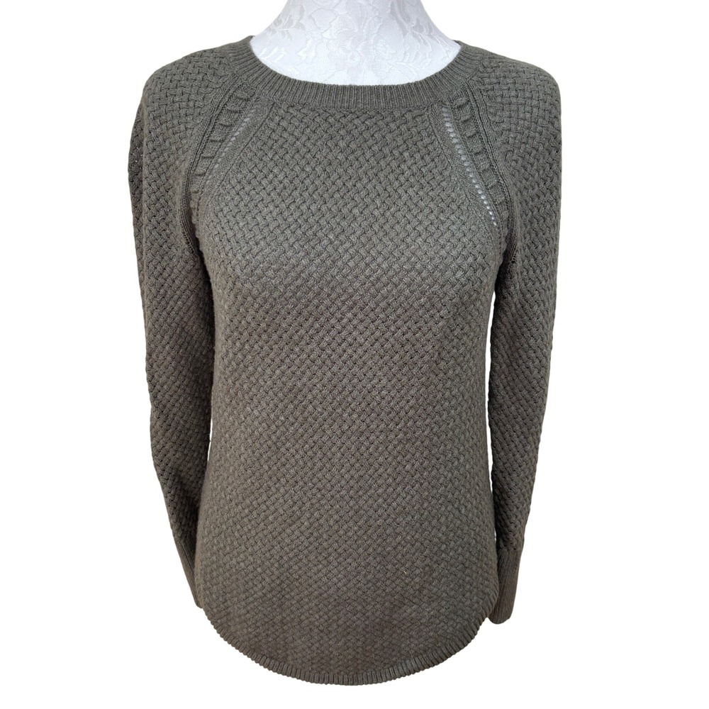 LOFT Olive Green Honeycomb Waffle Knit Raglan Pullover Crewneck Sweater Women S